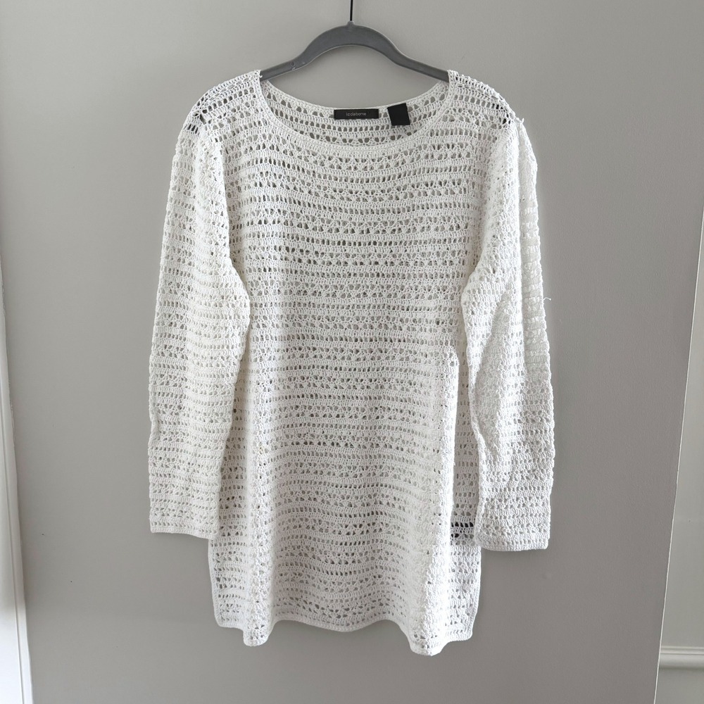 Liz Claiborne White Crochet Knit Tunic Sweater Cotton Linen Blend Womens 1X